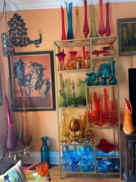 Vintage Glass Collection, Colored Glass Display, Vintage Glassware Display, Glass Collection Display, Vintage Glass Display, Multi Colored Glass Vases, Swung Vases Display, Glassware Display, Rainbow Glassware Vintage