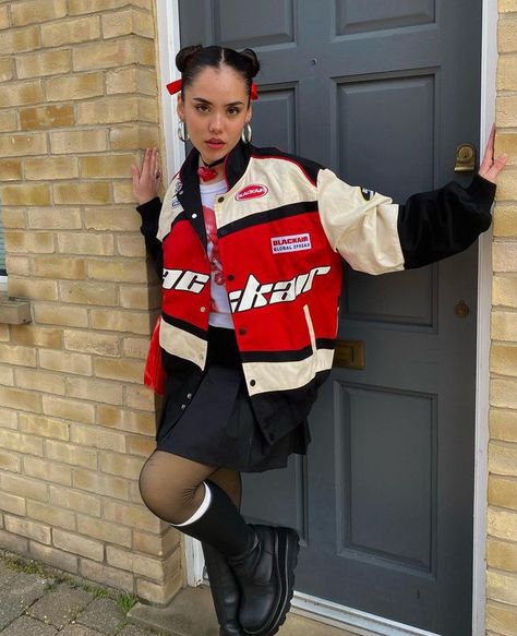 Basketball Jacket Outfit, Motor Jacket Outfit Women, Car Racer Outfit, Race Jacket Outfit, Racer Jacket Outfit Women, Racer Jacket Outfit, Billie Eilish Concert Outfit, University Clothes, Seventeen Concert