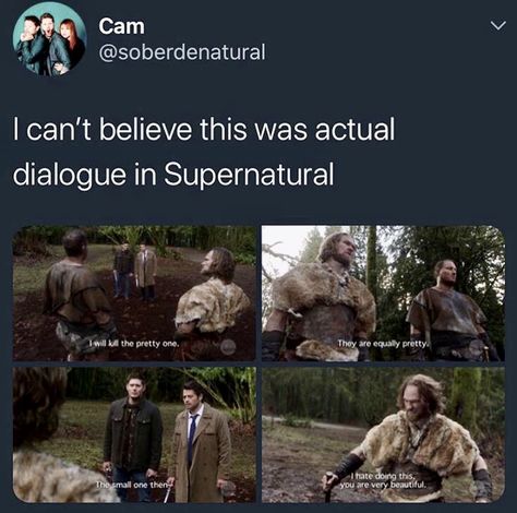 I will kill the pretty one. They are equally pretty. Spn Memes, Dean And Cas, Supernatural Pictures, Supernatural Destiel, Tv Supernatural, Supernatural Memes, Supernatural Fans, Supernatural Funny, Supernatural Cast