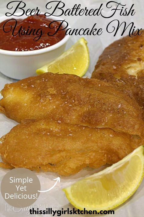 Beer Battered Fish, flaky white fish is dipped in a beer battered made from pancake mix and flash fried, a simple yet delicious weeknight meal! #beerbatteredfish #usingpancakemix #simpleyetdelicious #easyweeknightdish #thissillygirlskitchen Pancake Batter Fish Fry, Beer Battered Fries, Bisquick Pancakes, Best Fish And Chips, Beer Battered Fish, Battered Fish, Bisquick Recipes, Beer Batter, Chips Recipe