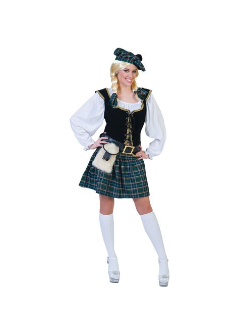 Scottish Costume Women, Usa Costume, Cher Costume, Scottish Costume, Womens Costume, Hat With Pom Pom, California Costumes, Over Knee Socks, Plaid Pleated Skirt