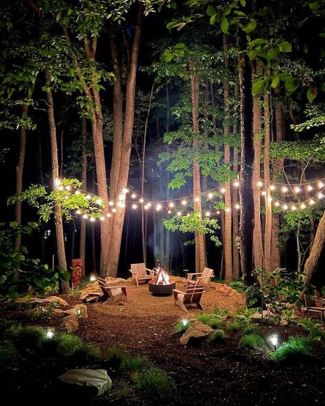 Romantic Outdoor Spaces, Botanical Backyard, Wooded Backyard Landscape, Rustic Outdoor Spaces, Lake Landscaping, Fire Pit Landscaping, Backyard Fireplace, Yard Project, Forest Garden