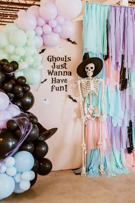 Ghouls just wanna have fun at this cool Halloween party! The party decorations are awesome! See more party ideas and share yours at CatchMyParty.com Halloween Themed Birthday Decorations, Ghouls Day Party, Halloween Decor Birthday, Halloween 7th Birthday Party, Pastel Halloween Party Backdrop, Girly Halloween Party Ideas, Princess Halloween Birthday Party, Halloween 6th Birthday Party, Girls Fall Party Ideas