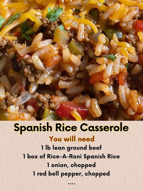 Alex Guarnaschilli 🍜 | Dive into the robust flavors of this Spanish Rice Casserole, a filling dish that combines hearty rice with savory ground beef and vibrant bell peppers... | Facebook Spanish Rice A Roni Casserole, Spanish Rice Meals, Spanish Rice A Roni Recipes, Beef Rice A Roni Casserole, Rice Roni Recipes Ground Beef, Rice A Roni Recipes, Spanish Rice Recipe With Ground Beef, Spanish Rice Casserole, Recipes Using Rice