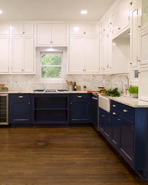 Blue Lower Cabinets White Upper, White Upper Cabinets Dark Lower, Blue Lower Kitchen Cabinets, Blue Lower Cabinets, Dark Lower Cabinets, Black Lower Cabinets, White Upper Cabinets, Lower Cabinets, Upper Kitchen Cabinets