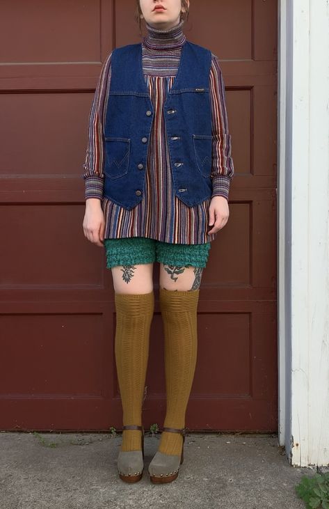 Cute Outfits With Knee High Socks, Vintage Socks Outfit, Funky Colorful Outfits, Striped Socks Outfit, Over The Knee Socks Outfit, Outfits With Knee High Socks, Clogs With Socks Outfit, Whimsy Fashion, 70s Fits