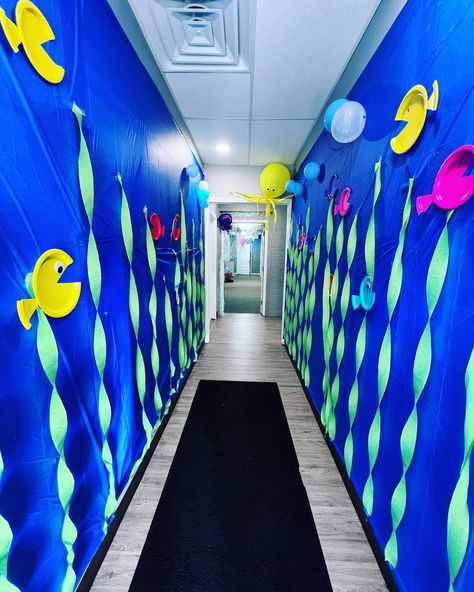 Ocean Theme Decorations Party, Ocean Room Transformation, Little Mermaid Hallway Decorations, Fishers Of Men Vbs Decorations, Scuba Vbs 2024 Decorations Diy, Under The Sea Stage Decorations, Under The Sea Bible School, Vbs Beach Theme, Deep Sea Vbs Decorations