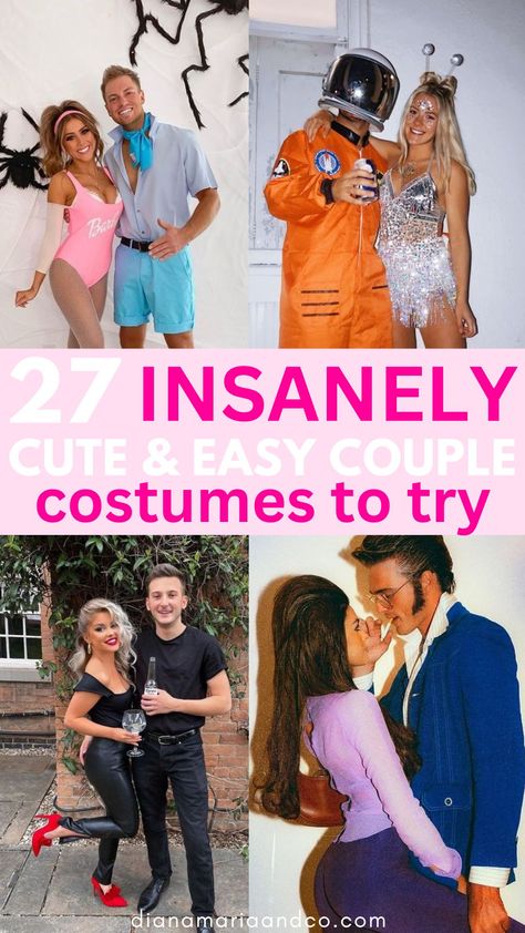 This is one of my favorite lists of cute couple costumes for Halloween. If you love an easy couple costume, you'll love this list! Couple Halloween Costumes Height Difference, Adult Couple Costumes Halloween, Simple Couples Costume Ideas, Easy Couple Costumes Diy Last Minute Homemade Halloween, Cheap Easy Couples Halloween Costumes, Cute Couples Costumes For Halloween Diy, Pretty Woman Costume Couple, Trendy Couple Halloween Costumes 2023, Monica And Chandler Costume