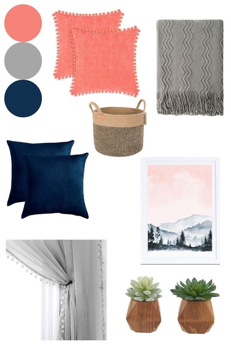 Pretty navy blue, coral, and gray living room decor ideas! Coral And Blue Bedroom Ideas, Coral And Gray Living Room, Navy Blue And Coral Living Room, Navy Coral Living Room, Coral And Blue Living Room, Navy And Coral Living Room, Coral Living Room Ideas, Blue Coral Living Room, Coral And Blue Bedroom