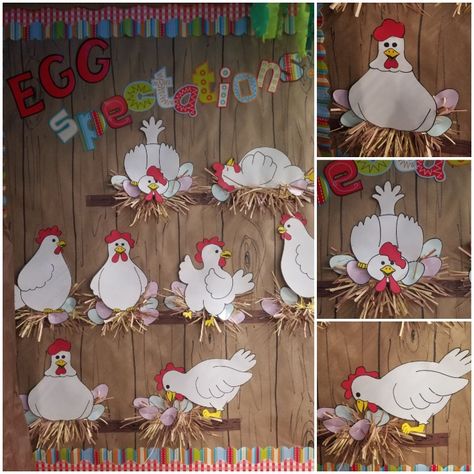 Farm themed classroom.  Add a new egg to the nest each time a goal is reached. Chicken Bulletin Board Ideas, Chicken Classroom Decor, Chicken Theme Classroom, Chicken Bulletin Board, Farm Themed Kindergarten Classroom, Farm Classroom Theme Decor Ideas, Barnyard Classroom, Chicks In The Classroom, Chicken Roost