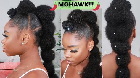 Bubble Mohawk Ponytail, Bun Mohawk Black Women, Mohawk Ponytail Black Women, Bangs 4c Hair, Natural Mohawk Hairstyles, Mohawk Natural Hair, Afro Hair Ponytail, Hairstyle Mohawk, Hairstyle For Natural Hair