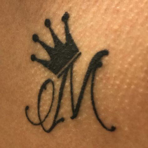 M Name Tattoo Designs, M With Crown Tattoo, Crown Tattoo With Initial, M Name Tattoo, Initial With Crown Tattoo, Initial M Tattoo, M Tattoo Letter Initial, Cursive Initial Tattoo, Cursive M Tattoo