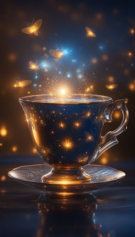 Fantasy art - Magic cup of tea, fireflies and sparkling wisps - AI creation A Cup Of Tea Aesthetic, Magical Tea, Nature Photography Trees, Sipping Tea, Art Magic, Pet Fish, Tea Art, Cute Cups, Crystal Decor