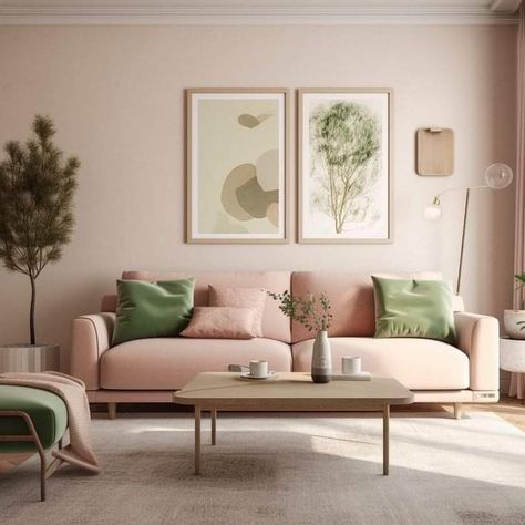 Pale Pink Interior Design, Minimalist Pink Living Room, White Pink Green Living Room, Neutral Pink And Green Living Room, Pink And Green Lounge Ideas Living Rooms, Beige Green Pink Aesthetic, Pink Green Living Room Ideas, Mid Century Modern Living Room Pink, Green And Pink Lounge