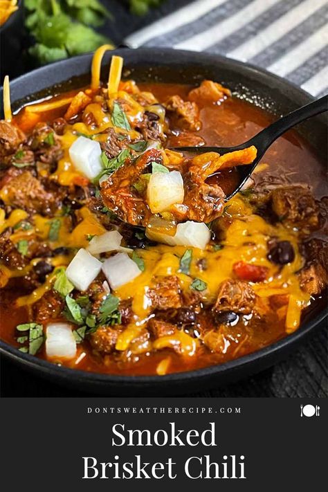 Savor the rich, smoky flavors of Texas with this irresistible brisket chili recipe - a perfect blend of heat, texture, and BBQ goodness. Dinner With Brisket Leftovers, Brisket Chili Recipe Texas, Texas Brisket Chili, Brisket Chili Recipe Smoked, Brisket Chili Crockpot, Recipes With Brisket, Brisket Meals, Smoked Brisket Chili Recipe, Brisket Queso