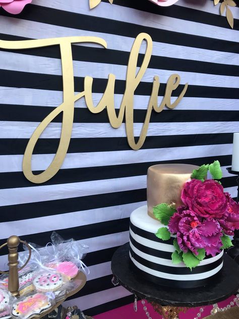 Kate Spade Birthday Party, Finger Food Party, Kate Spade Inspired Party, Boxwood Backdrop, Graduation Party Desserts, Kate Spade Party, 30th Bday Party, Rose Gold Top, Kate Spade Bridal