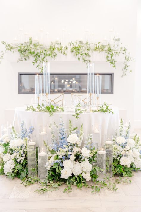 Blue Hydrangea Sweetheart Table, Sweetheart Table Wedding Dusty Blue, Blue Sweetheart Table Wedding, Sweetheart Table Wedding Blue, Blue And White Sweetheart Table, Sweetheart Table Blue, Candle Aisle Decor, Wedding Flowers Head Table, Flowers Head Table