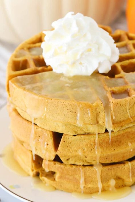 These light and fluffy Pumpkin Waffles are made with real pumpkin puree and lightly spiced with warm baking spices. Served with butter, maple syrup and your favorite toppings, they make the perfect sweet fall breakfast. #thecarefreekitchen #breakfast #pumpkin #waffles #fall #pumpkinspice Pumpkin Waffle Recipe, Real Pumpkin Puree, Pumpkin Waffles Recipe, Baking Spices, Yum Breakfast, Waffles Recipe, Pumpkin Waffles, Waffle Recipe, Malted Milk