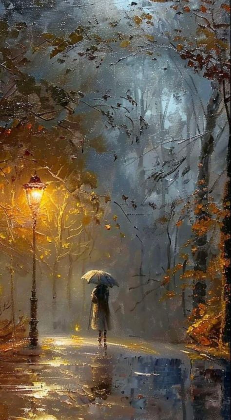 Calm Paintings, Rain Painting, Umbrella Art, Soyut Sanat Tabloları, Walking In The Rain, Landscape Art Painting, Autumn Scenery, Autumn Painting, Sunset Painting