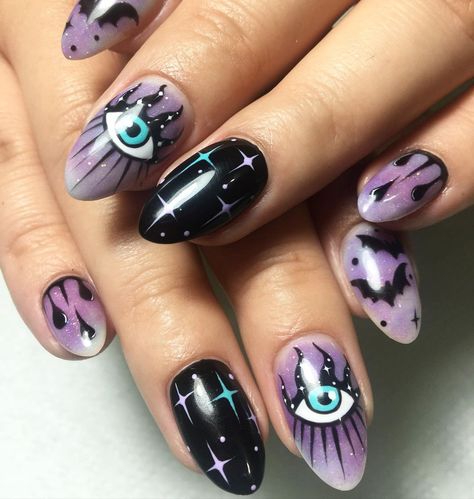 These nails are so incredible🔥💜 📷 la.nyno #witch #witchesofinstagram #witchcraft #pagan #halloween #magic #wicca #witchy #witchyvibes #tarot #goth #witches #art #magick #gothic #witchythings #love #occult #wiccan #crystals #pagansofinstagram #nature Spring Witchy Nails, Short Witchy Nails Simple, Summer Witch Nails, Manifest Nails, Witchy Square Nails, Wiccan Nail Art, Witchy Nails Coffin Shape, Witchy Nails Short Square, Bright Witchy Nails