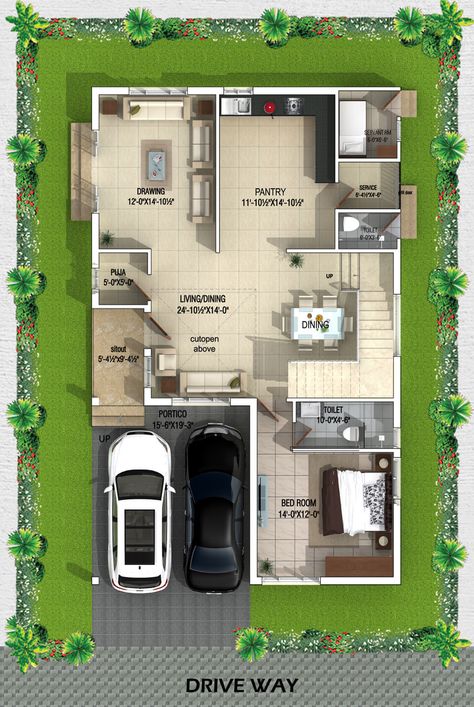 Type A West Facing Villa ground Floor plan 1500 Sq Ft House, West Facing House, 20x40 House Plans, 30x40 House Plans, 2bhk House Plan, Unique House Plans, Indian House Plans, 3d House Plans, Little House Plans