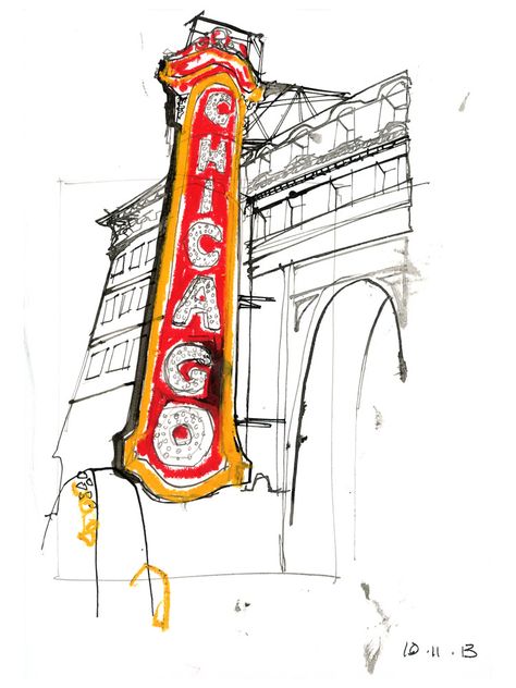 Chicago L Sketches | Chicago | greg betza i l l u s t r a t i o n - don't have to paint the whole page Chicago Painting, Portraits Watercolor, Theater Sign, Sign Drawing, Chicago Theater, Chicago Poster, Bird Watercolor, Pen Drawings, Dorm Art