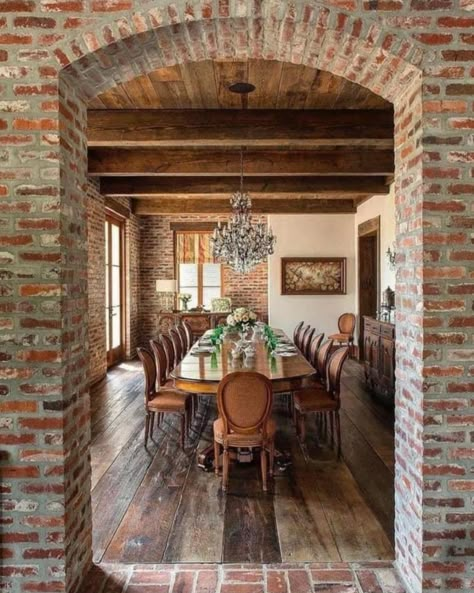 Brick Floor Living Room Interior Design, Wood And Brick Interior Design, Kitchens With Brick Floors, Cottage Cladding, Reclaimed Brick House, Brick Wall Dining Room, Brick Dining Room, Arched Entryway, Nautical Room Decor