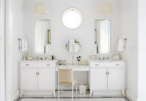 Separate Bathroom Vanities 2 Vanity Bathroom Ideas, Bathroom Vanity Accessories, Unique Bathroom Vanity, White Bathroom Designs, Timeless Bathroom, Cottage Bathroom, Transitional Bathroom, Herringbone Floor, Marble Vanity Tops