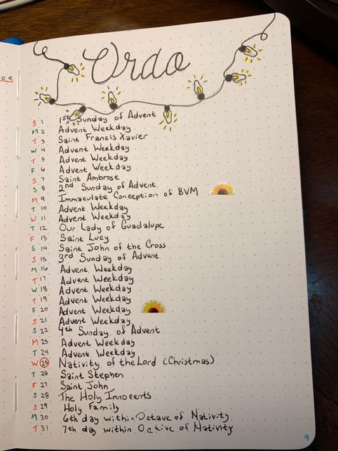 Line a day - Catholic Ordo (liturgical calendar) for December 2019 Liturgical Calendar, Bullet Journal Monthly, Bullet Journal Monthly Spread, Journal Inspo, Bullet Journal Inspo, Christmas Theme, Christmas Themes, Advent, Bullet Journal