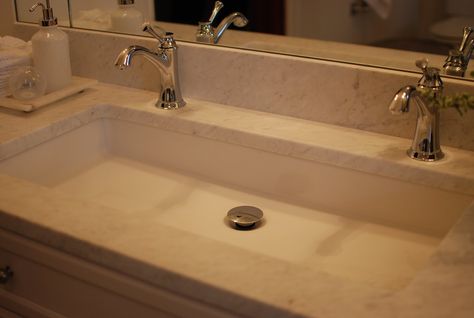 Shannon Schnell:  Large trough sink with two faucets Sink With Two Faucets, Trough Sink Bathroom, Large Bathroom Sink, White Bathrooms, Trough Sink, Small Remodel, Master Bath Remodel, Soap Dispensers, Boys Bathroom