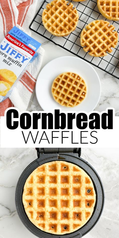 Easy cornbread waffles are made with Jiffy corn mix. These cornbread waffles can be served savory or sweet. Try topping them syrup, honey, chili, taco meat, and more. Jiffy Corn Muffin Mix Waffles, Jiffy Waffle Recipe, Corn Muffin Waffles, Chili And Cornbread Waffles, Cornmeal Waffles Easy, Muffins In Waffle Maker, Corn Meal Waffles Recipe, Cornbread Waffles And Chili, Jalapeno Cornbread Waffles