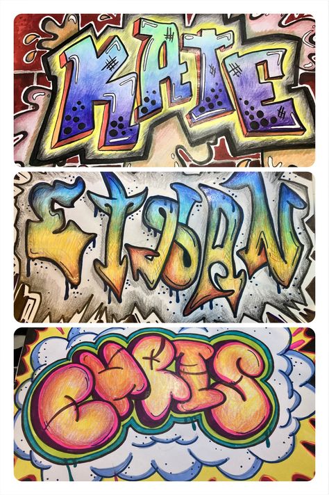 3 colorful Graffiti name design examples in different graffiti lettering font styles Graffiti Art Lesson Middle School, Graffiti Lesson Plan, Graffiti Art Name, Name In Graffiti Style, Letters Art Design, Graffiti Name Art Lesson, Name Art Middle School, Graffiti Art Projects Middle School, Modern Graffiti Art