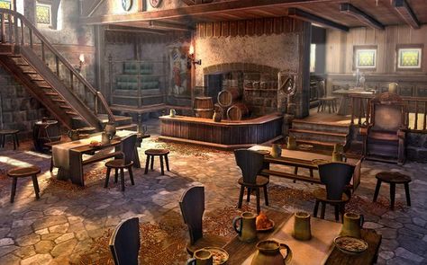 medieval tavern interior - Hledat Googlem Tavern Interior, Taverna Medieval, Fantasy Inn, Medieval Tavern, Level Design, Tables And Chairs, Fantasy Places, Fantasy Setting, Artwork Images