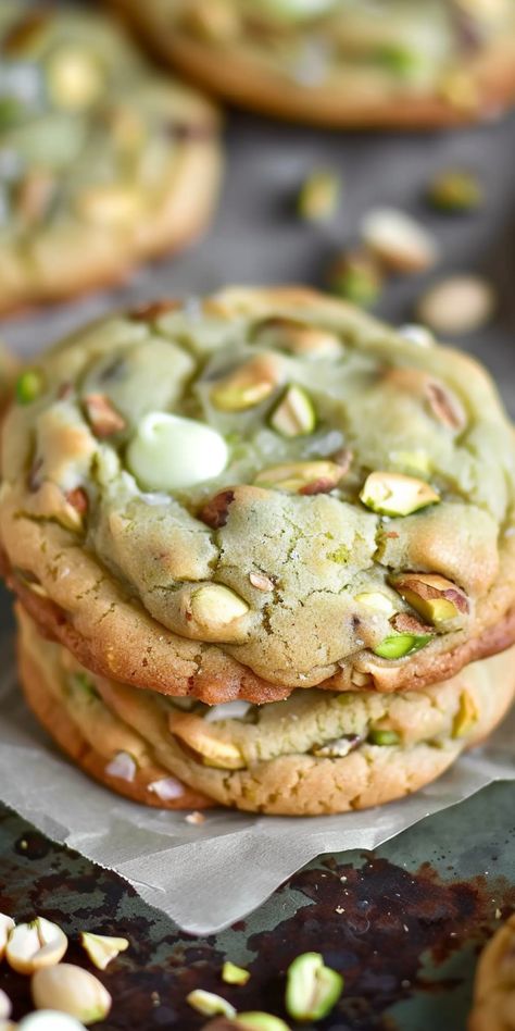 Indulge in the luxurious blend of nutty and sweet with our Pistachio & White Chocolate Chip Cookies. Perfect for those seeking a sophisticated twist on the classic cookie, these treats are sur… Healthy Mint Chocolate Chip Cookies, Keto Pistachio Cookies, Pistachio White Chocolate Cookies, White Chocolate Pistachio Cookies, Pistachio Cream Cookies, Classic Dessert Recipes, Baking Pistachio, Pistachio Treats, Cute Cookie Recipes