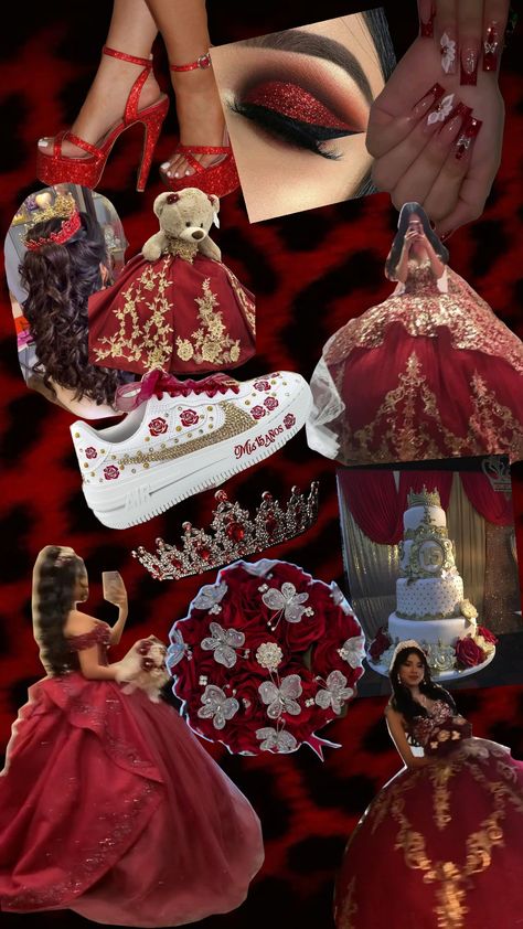 Red Quinceanera Red Themes For Quinceanera, Quinceanera Dresses In Red, Mariachi Quinceanera Dress Red, Red And White Chambelanes Outfits, Quince Dresses Black And Red, Red And Silver Quince Theme, Burgundy Red Quince Dresses, Red Dresses For Quinceanera, Quince Themes Red