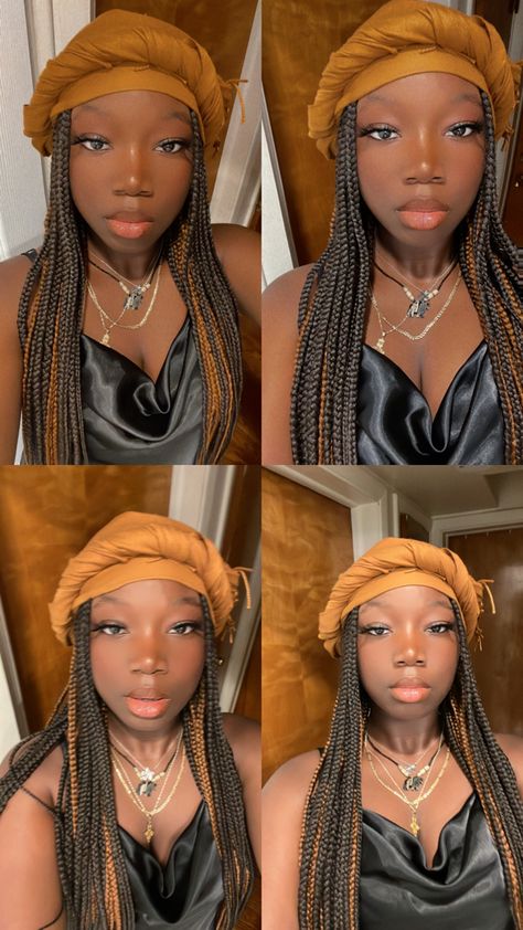 black girl, knotless box braids, aesthetic, darkskin, turban Knotless Box Braids Aesthetic, Box Braids Aesthetic, Braids Aesthetic, Knotless Box Braids, Black Aesthetic, Box Braids, Head Wraps, Braids, Hair Color