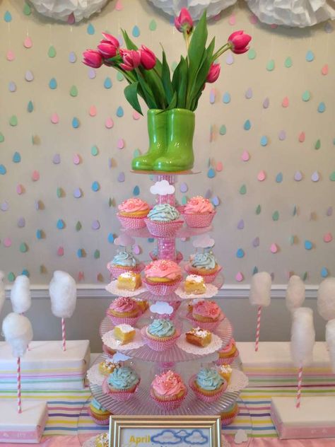 Baby Shower Party Ideas | Photo 8 of 13 | Catch My Party Spring Baby Shower Centerpieces, April Showers Baby Shower Theme, Raindrop Baby Shower, Rain Baby Showers, Umbrella Baby Shower, Cricut Baby Shower, April Baby, April Baby Shower, Baby Shower Party Planning