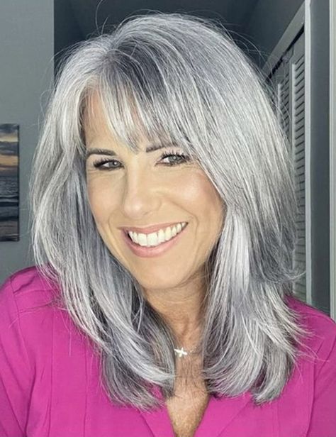 Layered Hair For Thick Wavy Hair, Grey Hair With Bangs, Gray Hairstyles, Beautiful Gray Hair, Bride Gown, Natural Gray Hair, Grey Wig, Layered Bob Hairstyles, Long Gray Hair