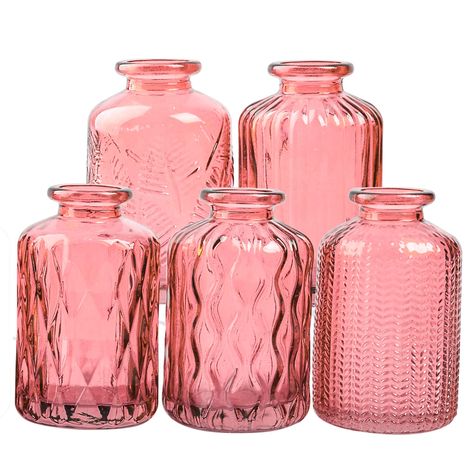 PRICES MAY VARY. 【Perfect Flower Vase】Set of 5 round colored glass vases in different Textured,4" high, 2.4" diameter,we have extra with twine,silver metal handle,and cork stopper, this is a versatile glass Bottles.Classic timeless patterns on each small vase bottle make them elegant and beautiful 【Variety of Shape】Each round vase has different texture patterns,including maple leaves,bubble,vertical stripes,etc,making them ideal centerpieces for weddings,dinner parties,and other special events. Pink Bud Vases, Tiny Vase, Glass Vases Centerpieces, Decor Centerpieces, Pink Glass Vase, Colored Glass Vases, Bottle Centerpieces, Fluted Vase, Timeless Patterns