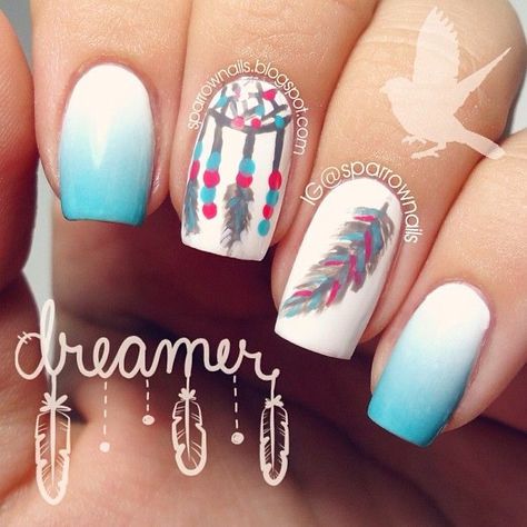 Dreamcatcher Nails Designs, Dreamcatcher Nails, Dream Catcher Nail Art, Dream Catcher Nails, Feather Nail Art, Feather Nails, Boho Nails, Glitter Manicure, New Nail Designs