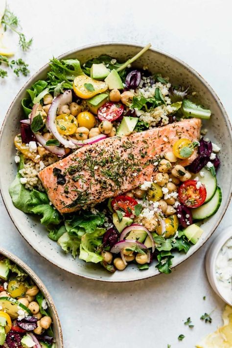 Garbanzo Bean Salad, Mediterranean Bowl, Mediterranean Bowls, Real Food Dietitians, Garbanzo Bean, Healthy Quinoa, Plats Healthy, Marinated Salmon, Homemade Tzatziki