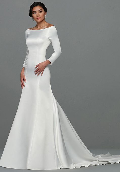 Wedding Dress out of Avery Austin (Ellie), silhouette flared cut / fit-n-flare, neckline bateau, floor, long sleeve Wedding Dress Bella Swan, Bella Swan Wedding, Swan Wedding Dress, Bella Swan Wedding Dress, Budget Wedding Dress, Simple Satin Wedding Dress, Wedding Dresses Under 500, Chic Bridal Gown, Bride Hairstyles Updo