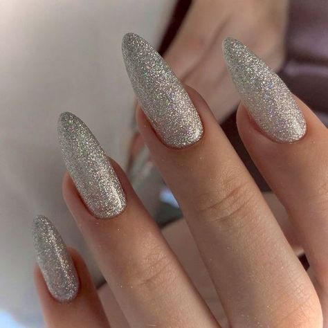 Almond Nails Winter Colors 2023-2024: 17 Trendy and Cozy Ideas - thepinkgoose.com Silver Sparkly Nails, Silver Sparkle Nails, Silver Glitter Nails, Nail Design Ideas, Sparkle Nails, Summer Acrylic Nails, Sparkly Nails, Silver Nails, Prom Nails