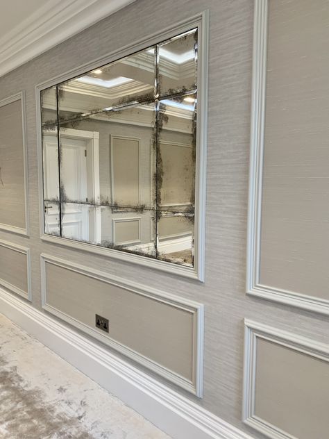 Bespoke Antique Mirror Mirror In Wall Panelling, Mirror In Panelling, Mirror In Moulding, Wall Trim With Mirror, Mirror Wall Moulding, Paneled Mirror Wall, Antique Mirror Hallway, Wall Molding Design With Mirror, Wall Moulding With Mirror