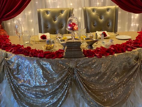 Quince Table, Head Table, Sweetheart Table, Quince, The Beast, Beauty And The Beast, Valance Curtains, Red Gold, Bridal Party