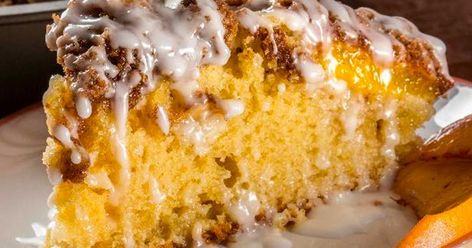 When my grandma passed down this recipe, I knew it was a keeper Peach Crumb Cake, Cooktop Cove, Sour Cream Cake, Peach Desserts, Greek Flavors, Peach Cake, Peach Recipe, Crumb Cake, Southern Cooking