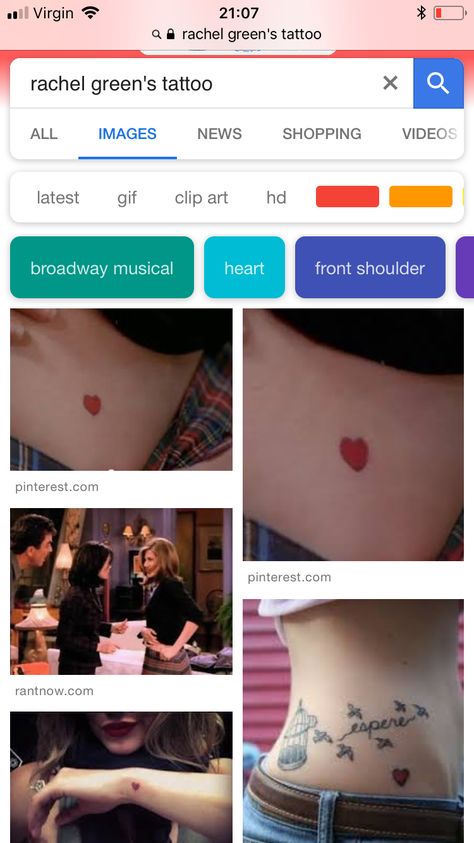 Rachel Green Heart Tattoo, Rachel Green Tattoo, Green Heart Tattoo, Green Tattoo, Green Tattoos, Tattoo Heart, Green Heart, Rachel Green, Broadway Musical