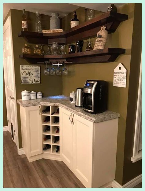 Corner Kitchen Bar Ideas, Corner Coffee And Wine Bar Ideas, Corner Coffee Nook, Corner Dry Bar Ideas, Home Bar Designs Small Corner, Diy Corner Coffee Bar, Home Bar Ideas Small Corner, Corner Bar Ideas For Home, Corner Bar Ideas