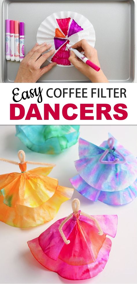 Coffee Filter Dancers, Mr Sketch, Diy Coffee Filter, Babysitting Crafts, Dance Crafts, Coffee Filter Crafts, Summer Camp Crafts, Washable Markers, Sketch Markers