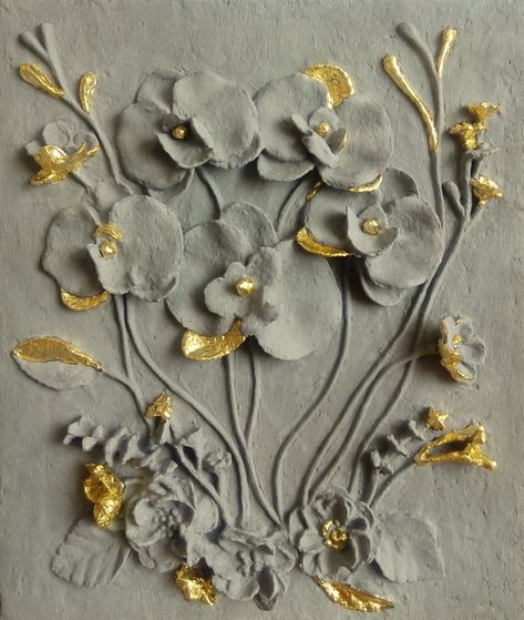 Wall Sculptures Plaster, Molding Paste Art, Plaster Relief Art, 3d Mural Art, Cute Clay Art, Plaster Paris, Gold Leaf Decor, Sculptural Wall Art, Orchid Wall Art